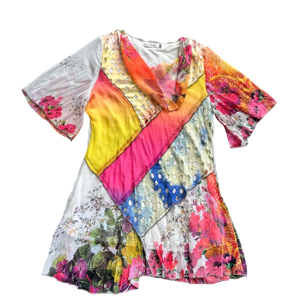 Adore Patchwork Floral Eyelet Tunic Top Multi Color Boho Cowl‎ Neck Medium
